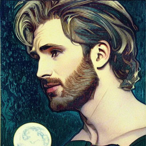 Prompt: chris evans portrait by louis - theophile hingre and alphonse mucha, realistic, sharp focus, zodiac signs, tarot cards, planets, ethereal, art nouveau, magic, moon, sun, crown, dreamy, royal, jewellery