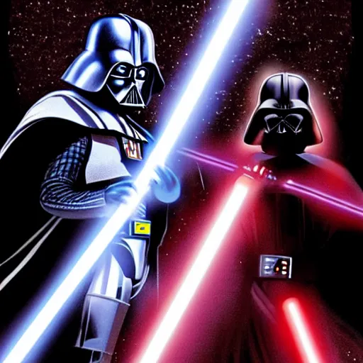 Image similar to Darth Vader and Luke Skywalker in an epic light saber battle, comic book style, graphic art,