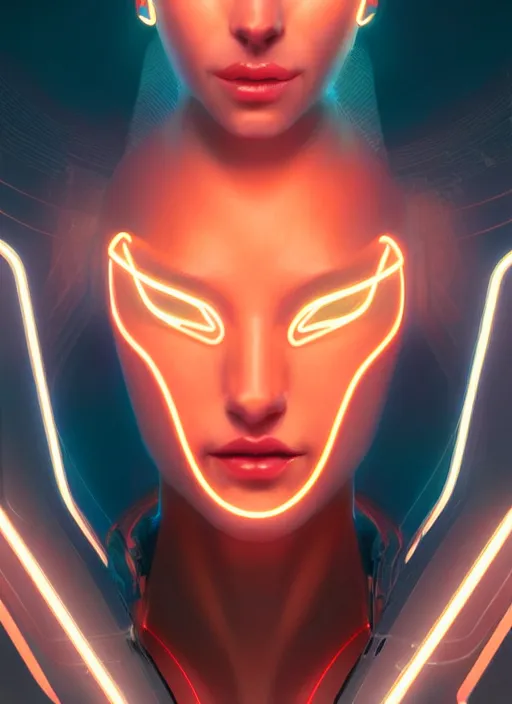 Image similar to portrait of futuristic female humanoid, intricate, elegant, cyber neon lights, highly detailed, digital photography, artstation, glamor pose, concept art, smooth, sharp focus, art by artgerm and greg rutkowski