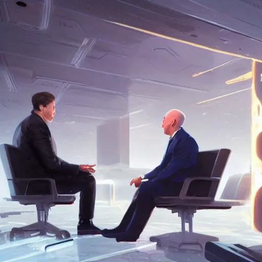 Image similar to illustration of a meeting between elon musk, mark zuckerberg, jeff bezos, very detailled, by artgem, greg rutkowski