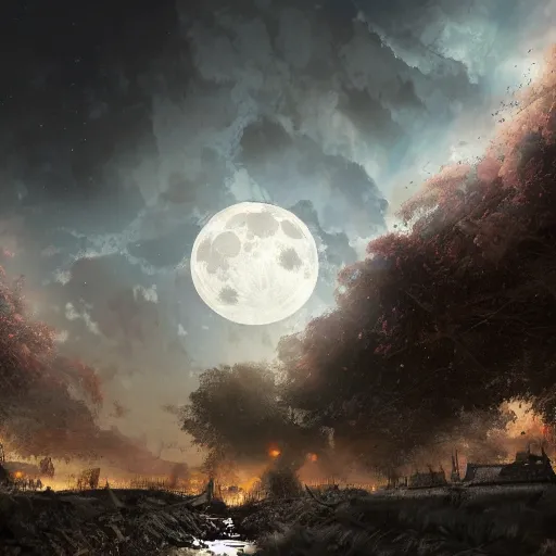 Image similar to a world war 1 battleground under a full moon, digital painting, mixed media, trending on artstation and deviantart, epic composition, highly detailed, 8 k