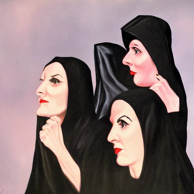 Prompt: a surreal painting from 1 9 5 2 of two women wearing black hoods