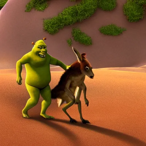 Image similar to shrek from dreamworks animation, dressed as australian, fighting a kangaroo in the desert, animation of national geographic