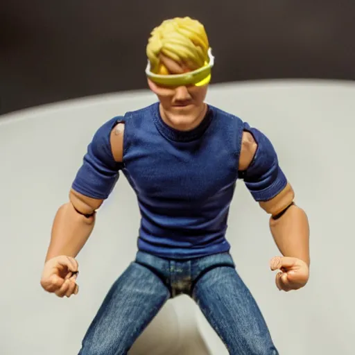 Image similar to action figure of a skinny blonde male wrestler wearing a vr headset and wearing a t - shirt and jeans, high detail, realistic,