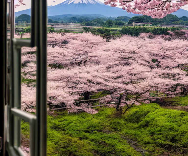 Image similar to a photo of mount fuji, japanese ladscapes, rice paddies, sakura trees, seen from a window of a train. cinematic lighting.