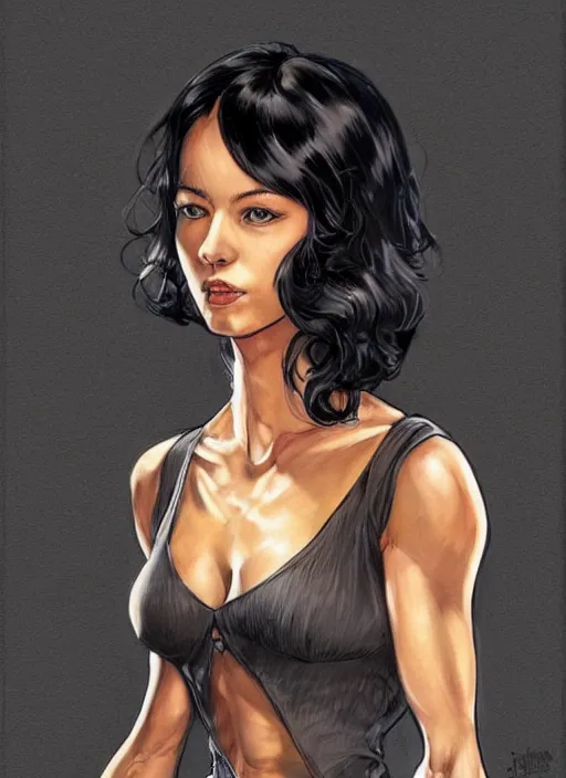 Image similar to a black haired woman in a tank top, muscular upper body, abs, d & d, fantasy, intricate, elegant, highly detailed, digital painting, artstation, concept art, smooth, sharp focus, illustration, art by howard chaykin