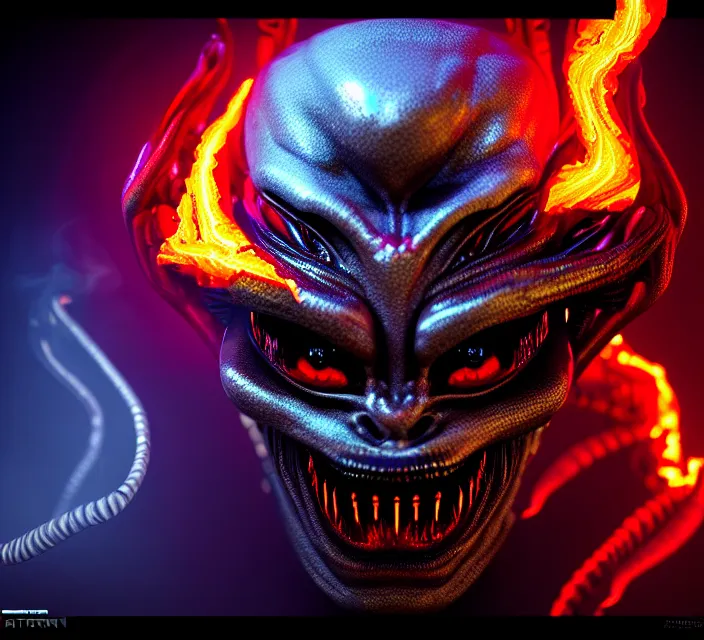 Prompt: A Demon made out of smoke with fiery eyes in holograms of alien artifacts, electrical case display, total recall tech, , ultrarealistic, dramatic lighting, electrical details, high details, 4k, 8k, best, accurate, trending on artstation, artstation, photorealism, ultrarealistic, digital painting, style of Tristan Eaton Stanley Artgerm and Hajime Sorayama, Caravaggio, Boris Vallejo