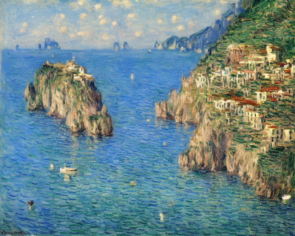 Image similar to enchanting cliff side Italian village on the amalfi coast by Monet and Hopper.