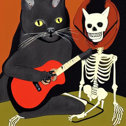 Image similar to skeleton wearing headphones watching girl playing guitar with her black cat standing next to her, digital art