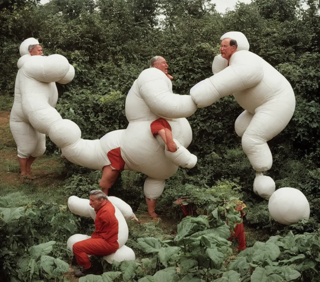 Image similar to a 3 5 mm photography, kodachrome colour, of grandpa fighting with white michelin man costume, riding a hippo, strange creatures and alien plants around, photos taken by martin parr