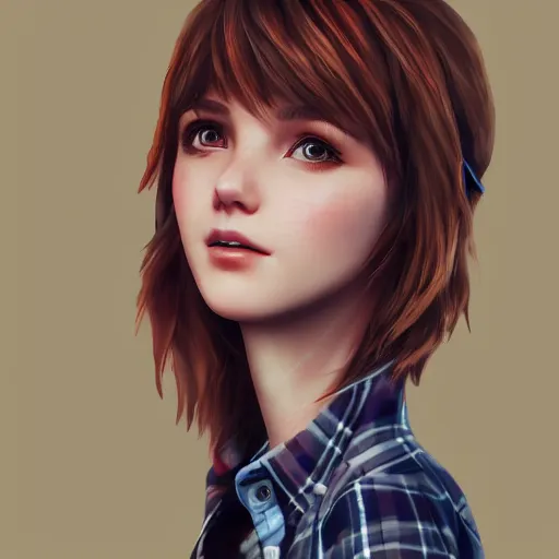 Image similar to max caulfield wearing a red plaid flannel shirt, fantasy, intricate, young and cute, highly detailed, digital painting, artstation, concept art, smooth, sharp focus, illustration, unreal engine, life is strange, Edouard Caplain