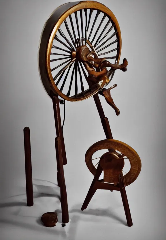 Image similar to a spinning wheel sitting on top of a stool, a surrealist sculpture by marcel duchamp, behance, fluxus, studio portrait, academic art, studio light