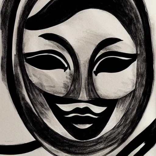 Prompt: an ink drawing of an opera mask by ilya kuvshinov, black and white