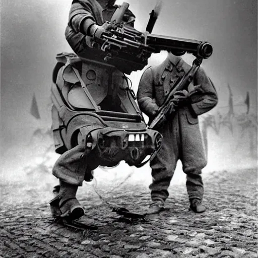 Image similar to world war one with robot mechs, black and white photograph, old photo, realistic wartime images, realistic, high quality, alternate history