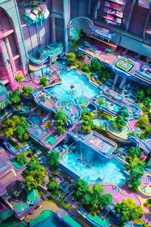 Image similar to photo of a cybertron aesthetic indoor liminal 90s mall with a lazy river, long shot, cinematography by Wes Anderson, 4k octane render, intricate detail, photorealistic , cinematic lighting, Artstation