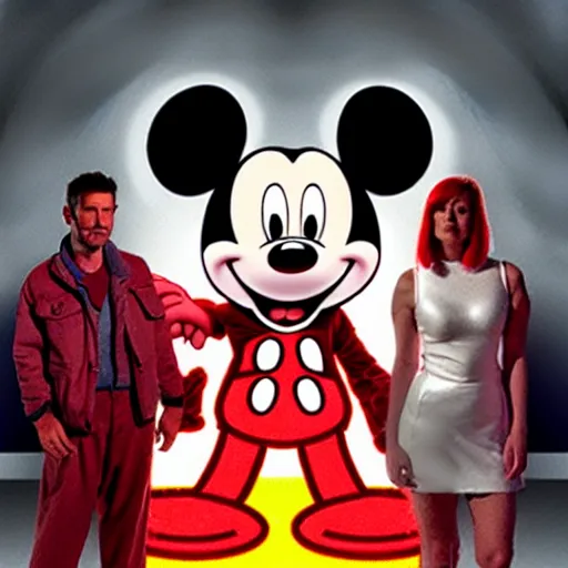 Image similar to a group of people standing around a giant bloody wounded mickey mouse, neon netflix logo, cyberpunk art by david lachapelle, cgsociety, sots art, dystopian art, reimagined by industrial light and magic, dark concept art