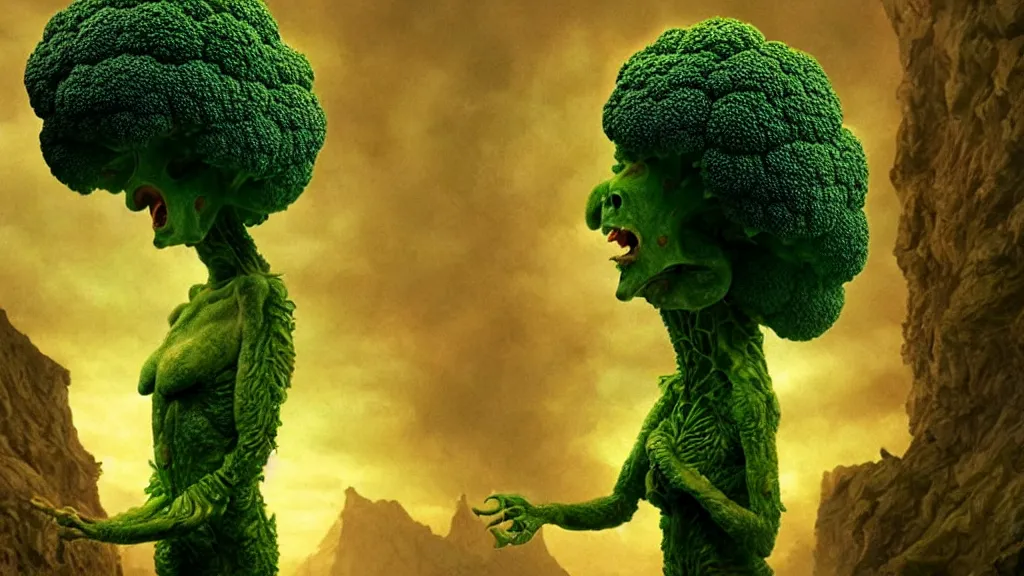 Image similar to the broccoli creature, film still from the movie directed by denis villeneuve and david cronenberg with art direction by salvador dali and karol bak, wide lens