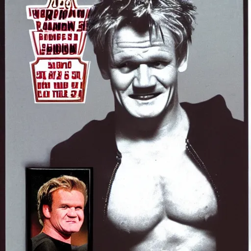 Prompt: gordon ramsey as a 1 9 8 0 s wrestling action figure, magazine photo