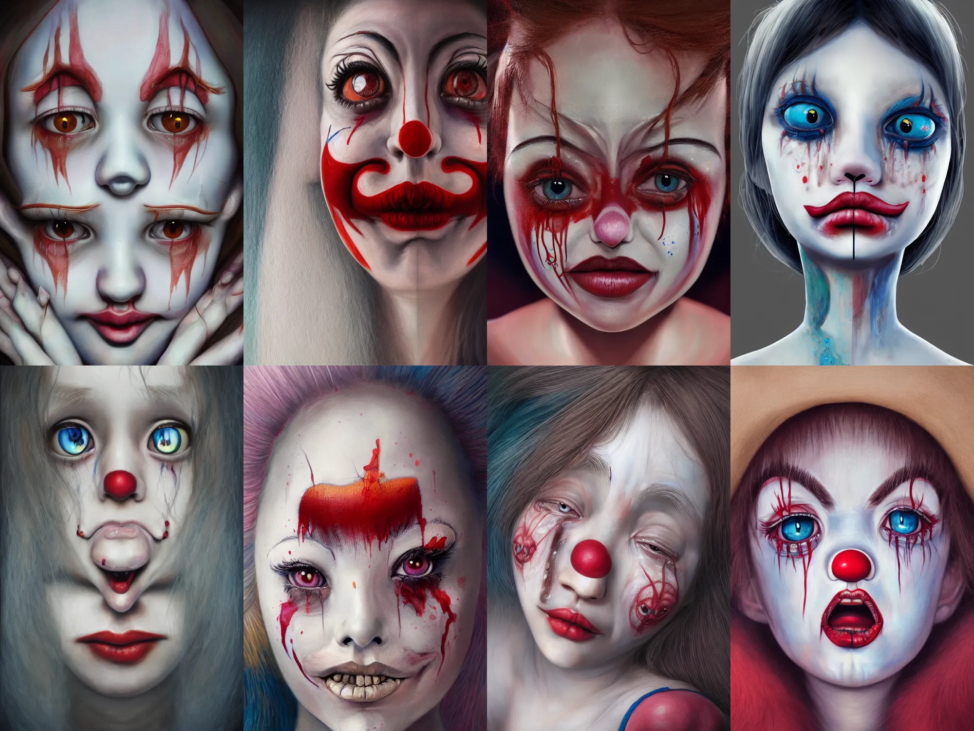 Image similar to detailed painting of clown girl crying, piercing eyes, james jean, miho hirano, hyperrealistic, octane render, ambient light, dynamic lighting