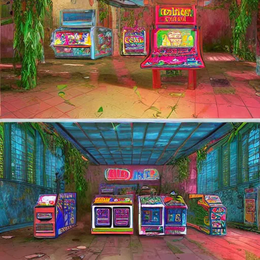 Image similar to beautiful, stunning digital art of an abandoned 1980s arcade with graffiti on the walls and plants growing from the cracks with colorful arcade games. by marc simonetti, featured on artstation