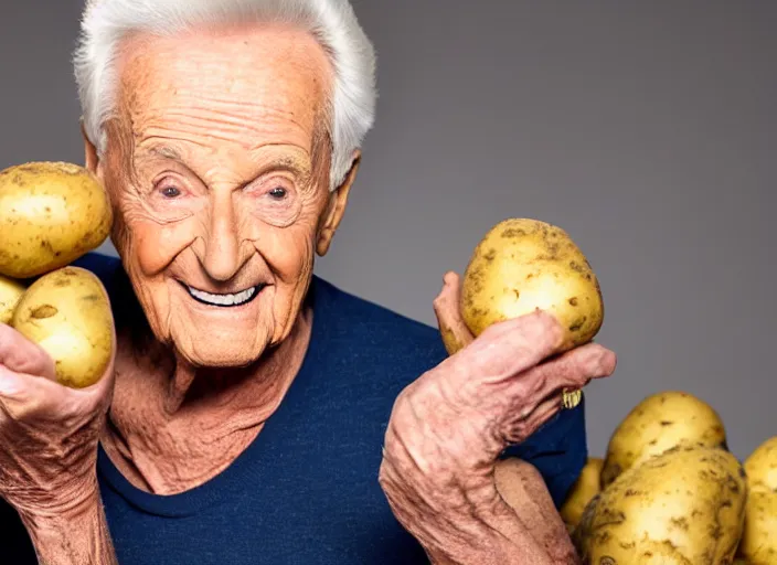 Prompt: studio portrait photo still of bob barker!!!!!!!! at age 7 3 years old 7 3 years of age!!!!!!! wearing a tank top holding a bag of potatos, 8 k, 8 5 mm f 1. 8, studio lighting, rim light, right side key light