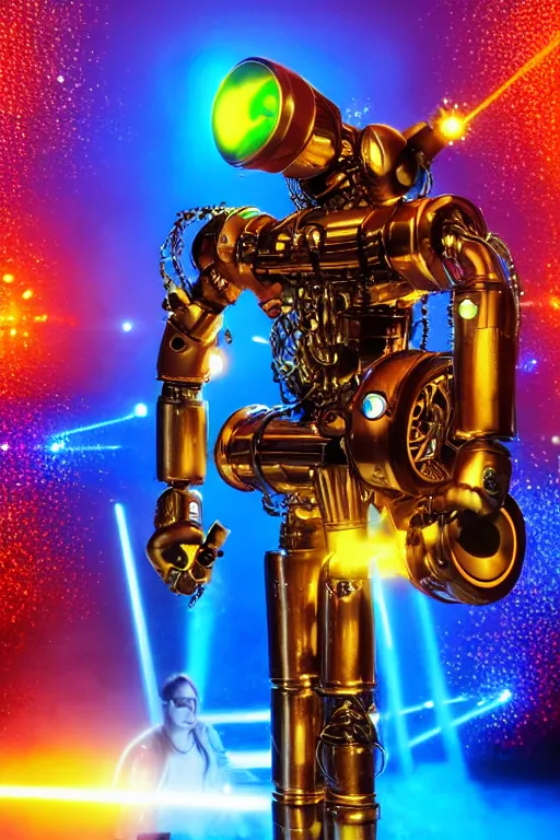 Image similar to portrait photo of a giant huge golden and blue metal humanoid steampunk robot singer wearing headphones and gears and tubes, a big red glowing microphone on a tripod, eyes are glowing red lightbulbs, shiny crisp finish, 3 d render, 8 k, insaneley detailed, fluorescent colors, background is multicolored lasershow