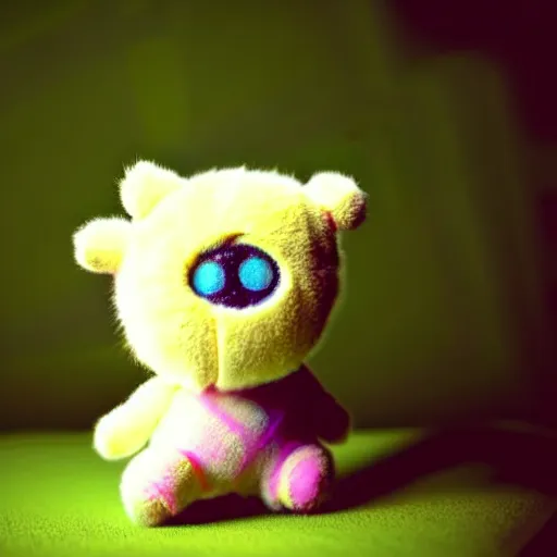 Prompt: lomography long shot of cute plush fluffy chthonic monster made to look like a baby, bokeh background, lsd colors