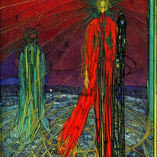 Prompt: Liminal space in outer space painting by Harry Clarke