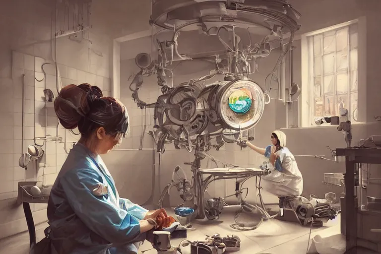 Prompt: hyperrealistic photography of a female scientist constructing a birth machine in the style of Jin Kagetsu, James Jean and wlop, highly detailed, masterpiece, award-winning, sharp focus, intricate concept art, digital painting, ambient lighting, 4k, artstation