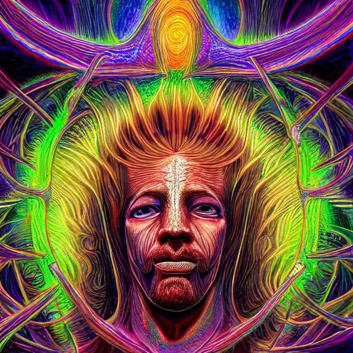 Prompt: photorealistic deeply drawn god as a dmt entity in the style of alex grey and michael whelan. hyperdetailed photorealism, 1 0 8 megapixels, amazing depth, high resolution, 3 d shading, 3 d finalrender, 3 d cinematic lighting, extreme depth, extreme detailed, glowing rich colors, psychedelic overtones, artstation concept art.