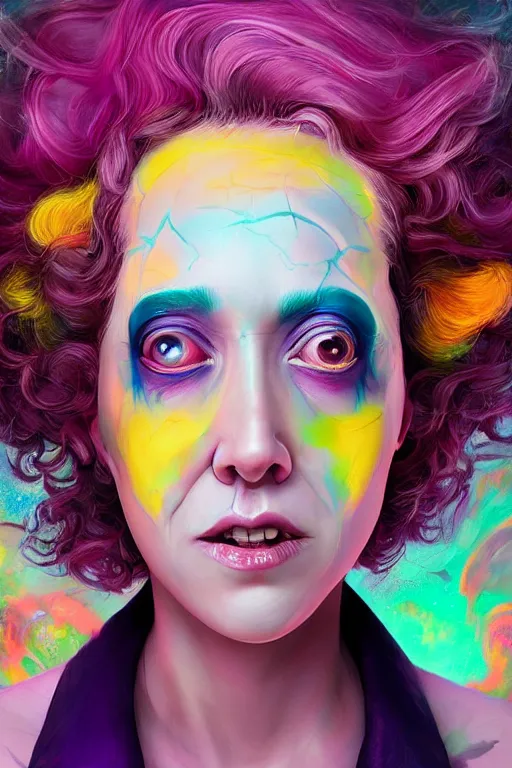 Image similar to hyperdetailed portrait of kristen schaal as delirium of the endless, colourful make up, the sandman, made by caravaggio stanley artgerm lau wlop rossdraws artstation cgsociety concept art cgsociety octane render