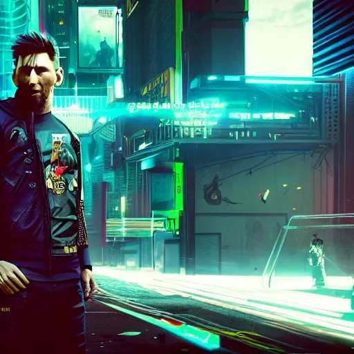 Image similar to Messi as cyberpunk, cyberpunk 2077, detailed, Octane, 8K resolution,