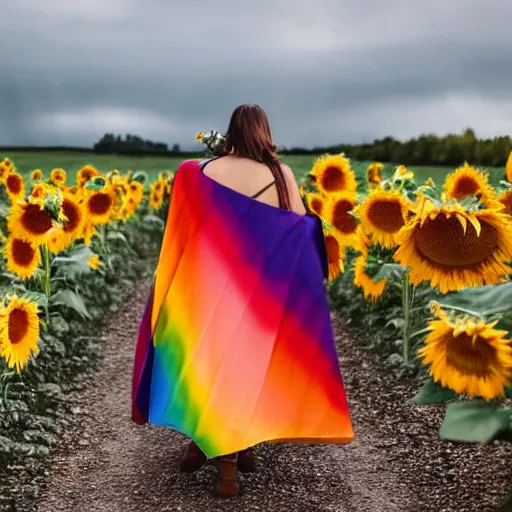 Image similar to photograph of a person in a rainbow cape holding a bouquet of sunflowers