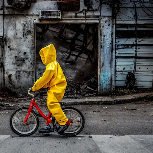 Image similar to a photo of a boy wearing a hazmat suit, riding a bike, side-view, smoke in the background, filthy streets, broken cars. Vines growing. Jpeg artifacts. Full-color photo. Color color color color color. Award-winning photo. Samyang/Rokinon Xeen 50mm T1.5