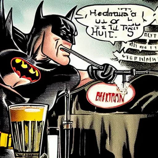 Image similar to photo of batman pouring a pint for a horse aggressively