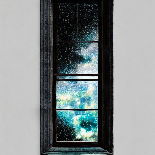 Image similar to dark matter faceted reality breaks into fragments, the mother - of - pearl sky and the black window