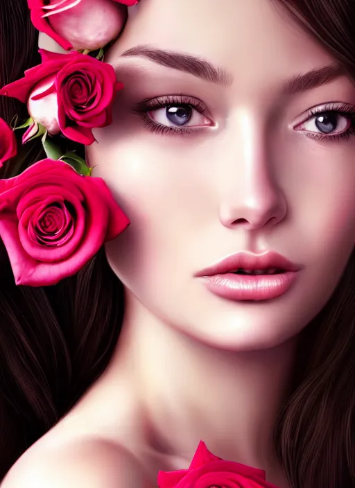 Prompt: a gorgeous female photo, professionally retouched, soft lighting, holding a bouquet of roses, realistic, smooth face, perfect eyes, wide angle, sharp focus on eyes, 8 k high definition, insanely detailed, intricate, elegant, art by artgerm