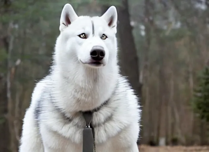 Image similar to film still of an anthropomorphic standing upright man dog white vested husky!!!!!! in a white vest wearing a white vest!!!!! in the new sci - fi movie, 8 k