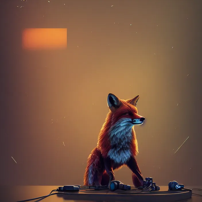 Prompt: fox with headphones, HD, 4K, intricate abstract. intricate artwork. by Tooth Wu, wlop, beeple, dan mumford, octane render, trending on artstation, greg rutkowski very coherent symmetrical artwork. cinematic, hyper realism, high detail, octane render, 8k, iridescent accents