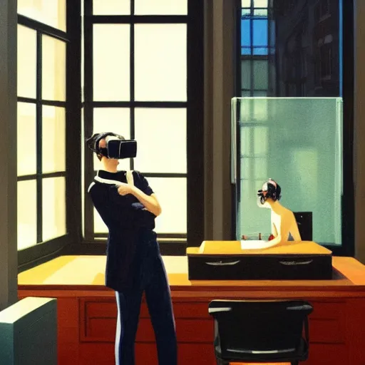 Image similar to A fine art painting of a man wearing Vr goggles dressed as a hypebeast and creating the metaverse at a desk through a window on a British street. In the style of Edward Hopper and Wes Anderson