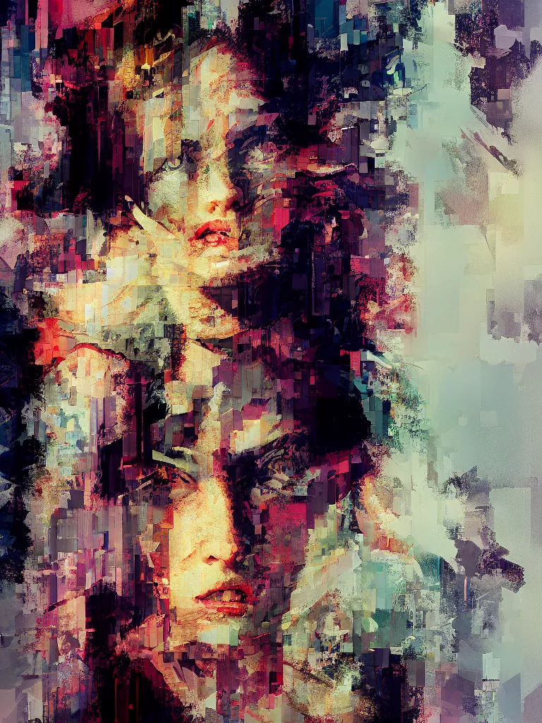 Image similar to a beautiful painting by patrick bremer of a girl portrait in front of a mirror in a glitched bathroom, pixel sorting, color bleeding, brushstrokes by jeremy mann