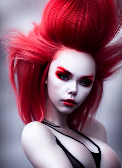 Image similar to photo of kerli koiv with red and white ombre in the style of stefan kostic, realistic, half body shot, sharp focus, 8 k high definition, insanely detailed, intricate, elegant, art by stanley lau and artgerm, foggy backgeound