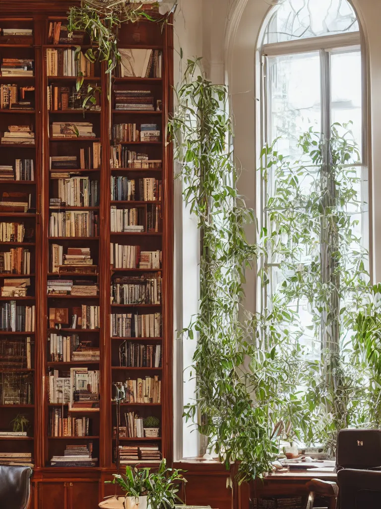 Image similar to A beautiful office room with mahogany bookcases and many beautiful plants and sunset light coming through the windows