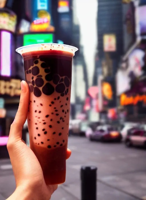 Image similar to boba tea in someone's hand pov, product shot, macro, hyper realistic, times square, octane render, raytracing, trending on artstation, artstationhd, artstationhq, unreal engine, 4 k, 8 k