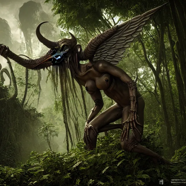 Image similar to a beautiful portrait of baphomet, 8 k, zbrush, octane, 8 k, incredibly detailed, androgynous, hr giger, peter gric, pablo amaringo, nvidia, unreal engine, overgrown jungle ruins