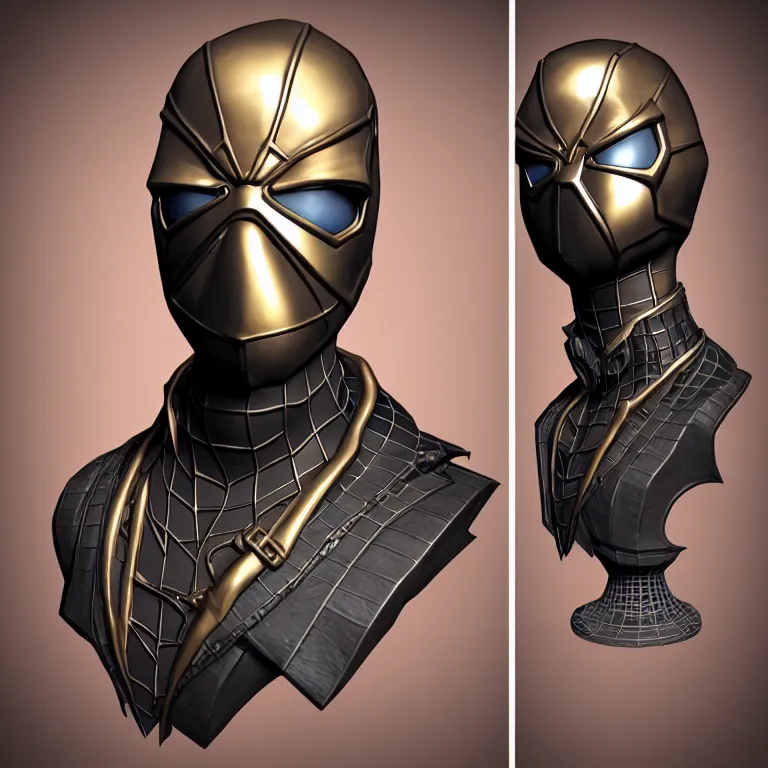 Image similar to steampunk spiderman bust shot, 3 d render, 3 d rendering, hdr, dynamic lighting, unreal engine, shiny, metallic, reflective, perfect, black gradient background
