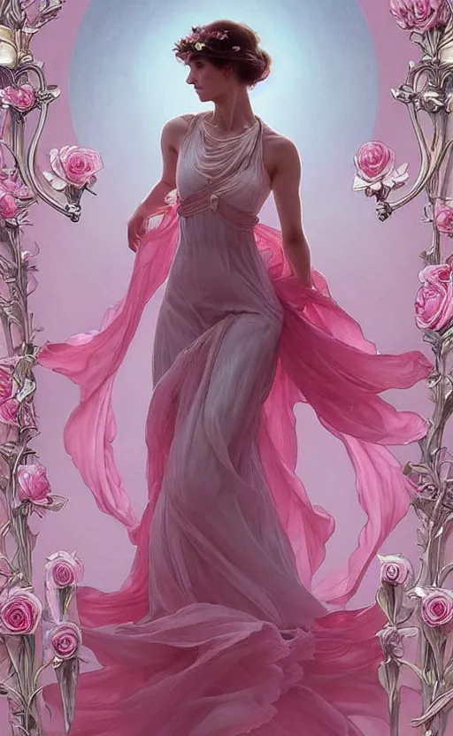 Image similar to delicate !!beautiful!! woman dressed in a vaporous wrapped large victorian pink roses silk semi-transparent dress fashion is running, fantasy, intricate, elegant, highly detailed, digital painting, trending on artstation, concept art, matte, sharp focus, illustration, art by Artgerm and Greg Rutkowski and Alphonse Mucha, trending on instagram, art nouveau