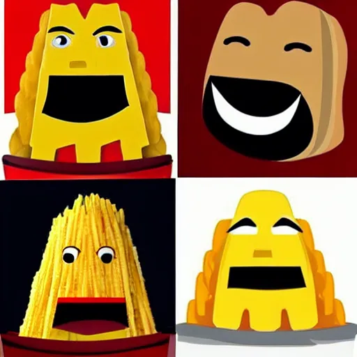 Image similar to Giant anthropomorphic French Fries!!! fighting star trek engineers!!, big teeth on fries biting