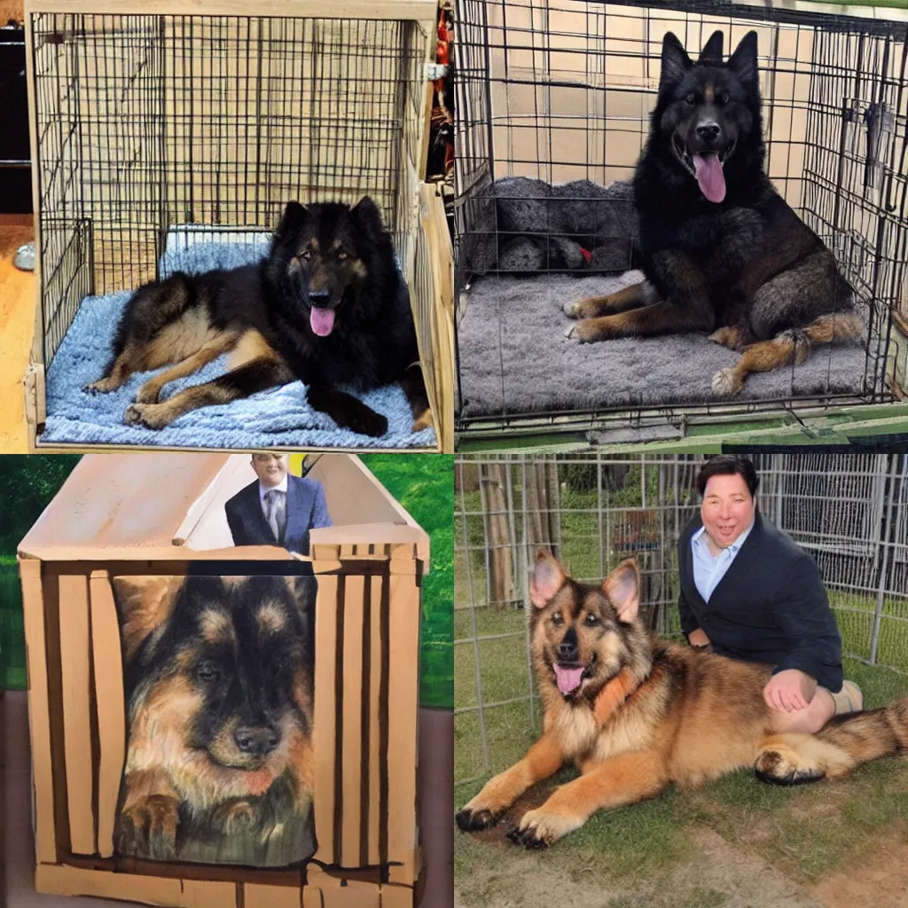 Prompt: Giant Alsatian, in crate, MIchael McIntyre behind, detailed picture