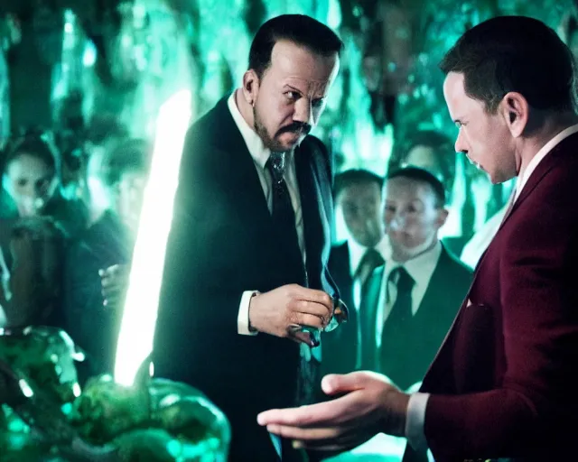 Image similar to mafia boss ( donnie wahlberg ) examines a magical glowing emerald ; scene from the modern hbo mini series / the outfit /, a supernatural mafia crime thriller about magical monster - hunting mafiosi in philadelphia, hd 8 k film photography, with modern supernatural horror aesthetic.